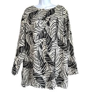 Cynthia Rowley Womens Linen Button Up‎ Tunic White Black Leaves Size 1X Beachy
